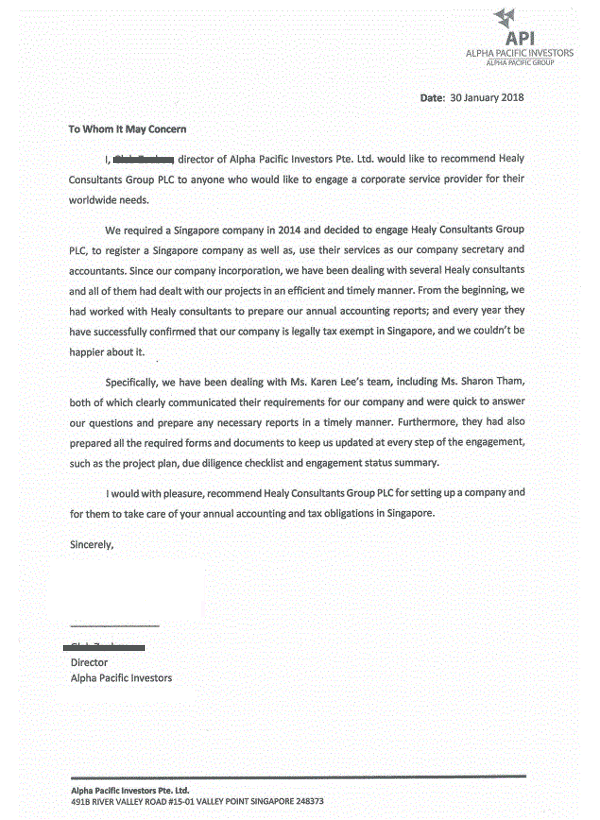 reference letter from Alpha Pacific Investors