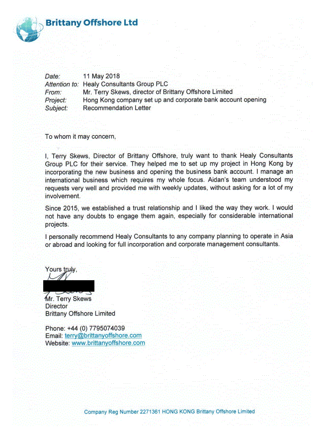 reference letter from Brittany Offshore Limited