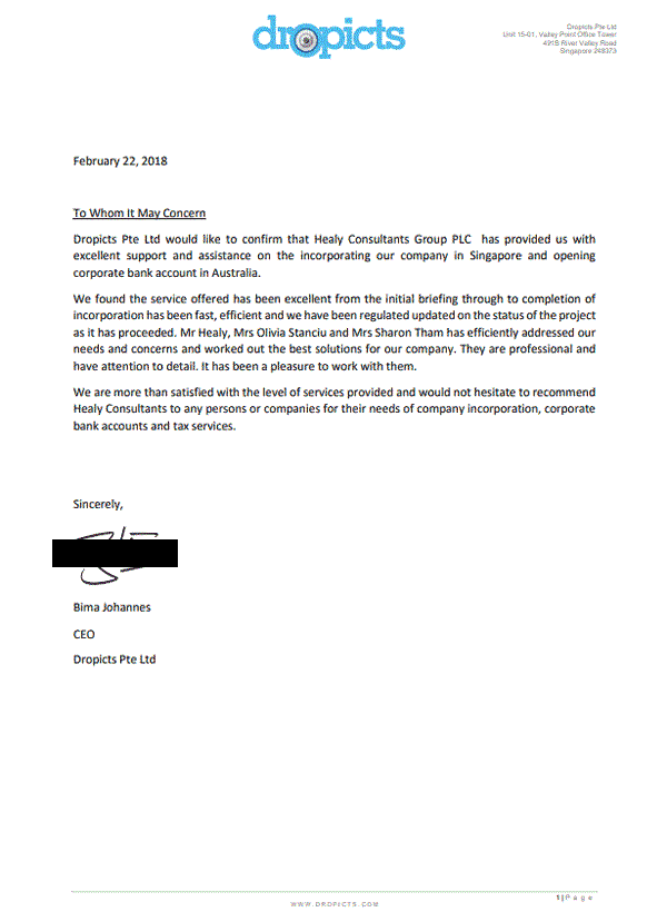 reference letter from Dropicts Pte Ltd