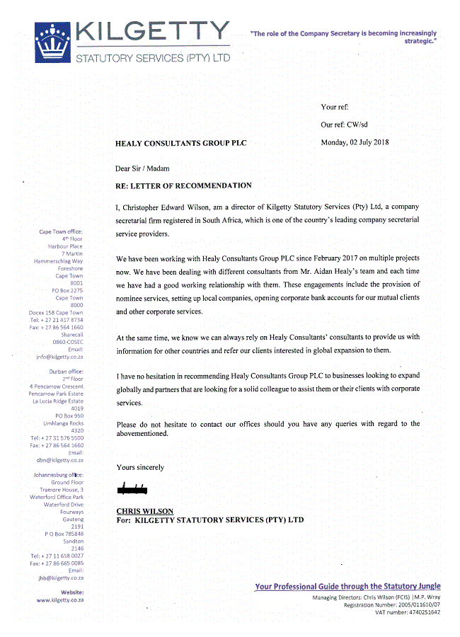 reference letter from Kilgetty Statutory Services (Pty) Ltd.