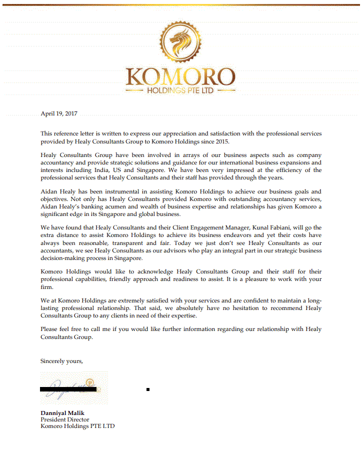 reference letter from Komoro Holdings Pte. Ltd.