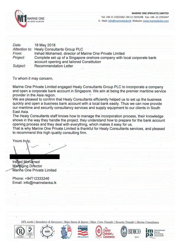 reference letter from Marine One Pte Ltd