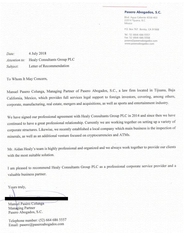 reference letter from Pasero Abogados, S.C.