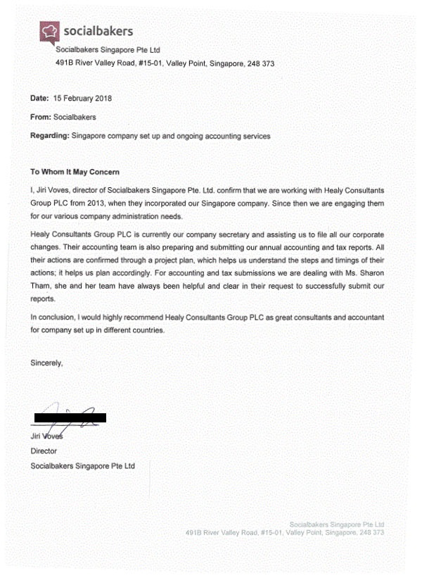 reference letter from SocialBakers Singapore Pte Ltd