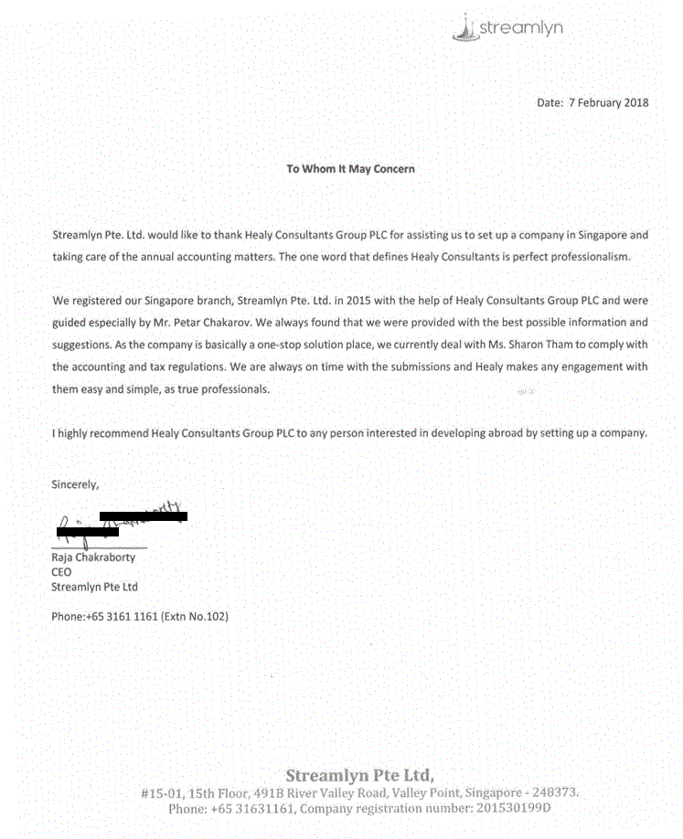 reference letter from Streamlyn Pte. Ltd