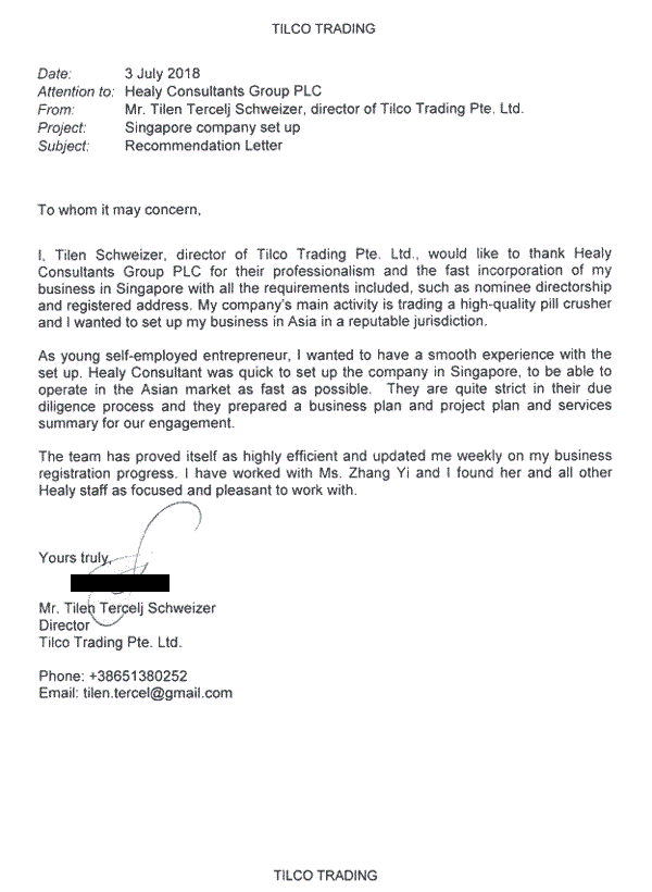 reference letter from Tilco Trading Pte. Ltd.