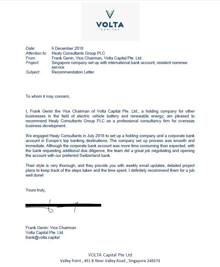 reference letter from Volta Capital Pte. Ltd.