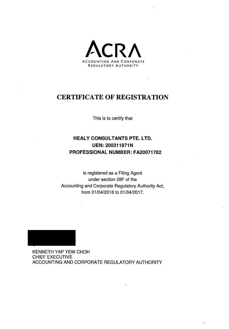 certificate for hc from ACRA