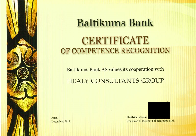 certificate for hc from BlueOrange (formerly known as Baltikums Bank)