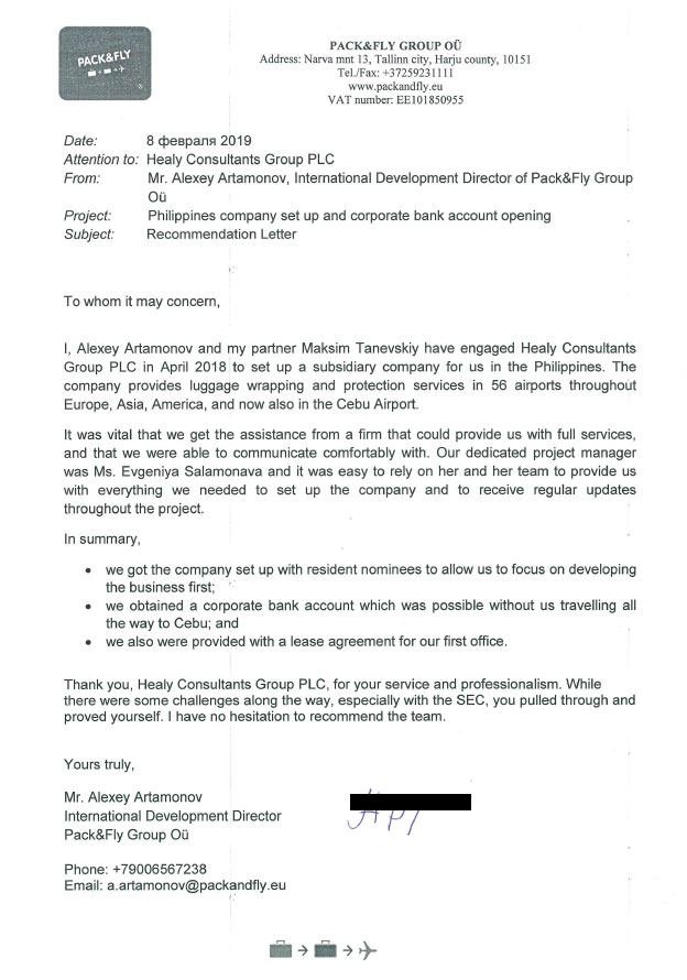 reference letter from Pack&Fly Group Oű