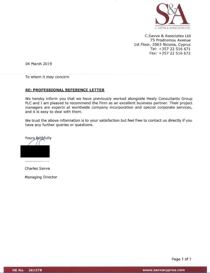 reference letter from C. Savva & Associates Ltd