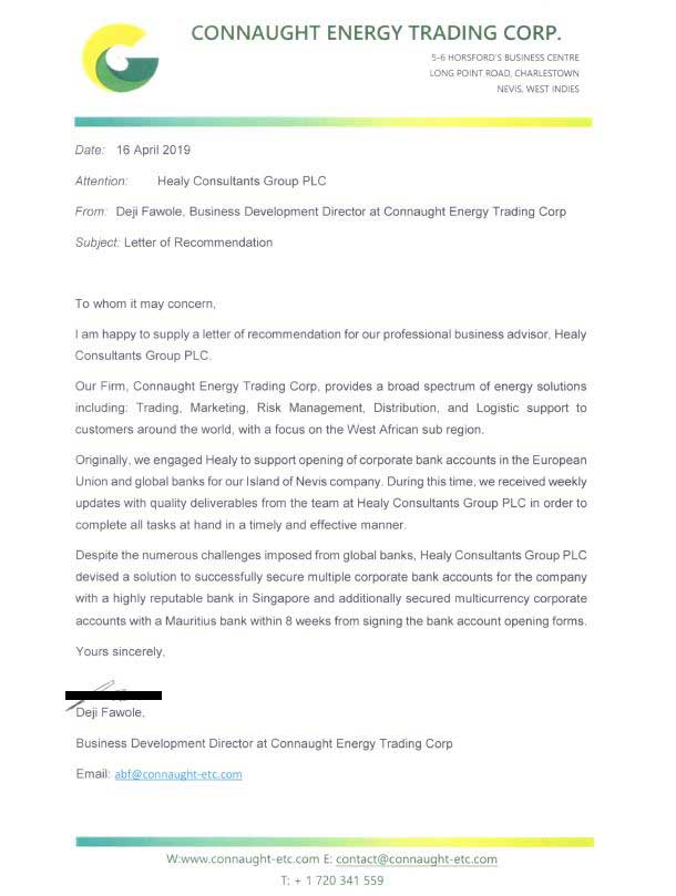 reference letter from Connaught Energy Trading Corp