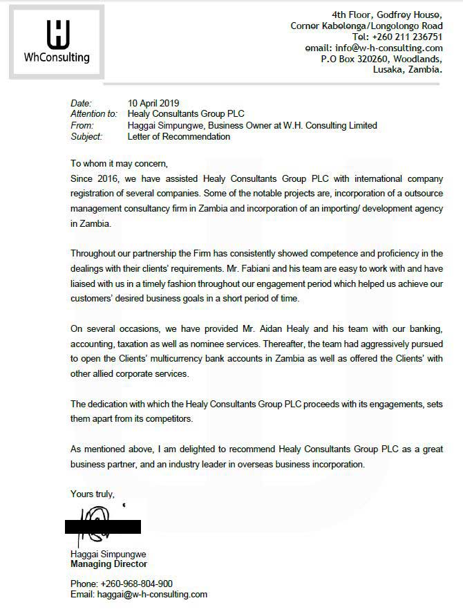 reference letter from W.H. Consulting Limited