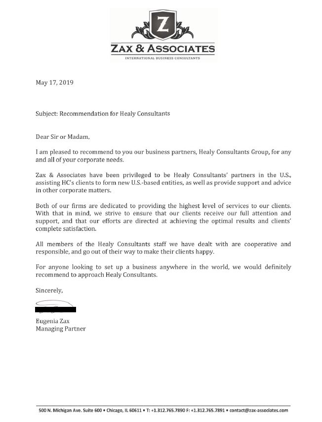 reference letter from Zax & Associates