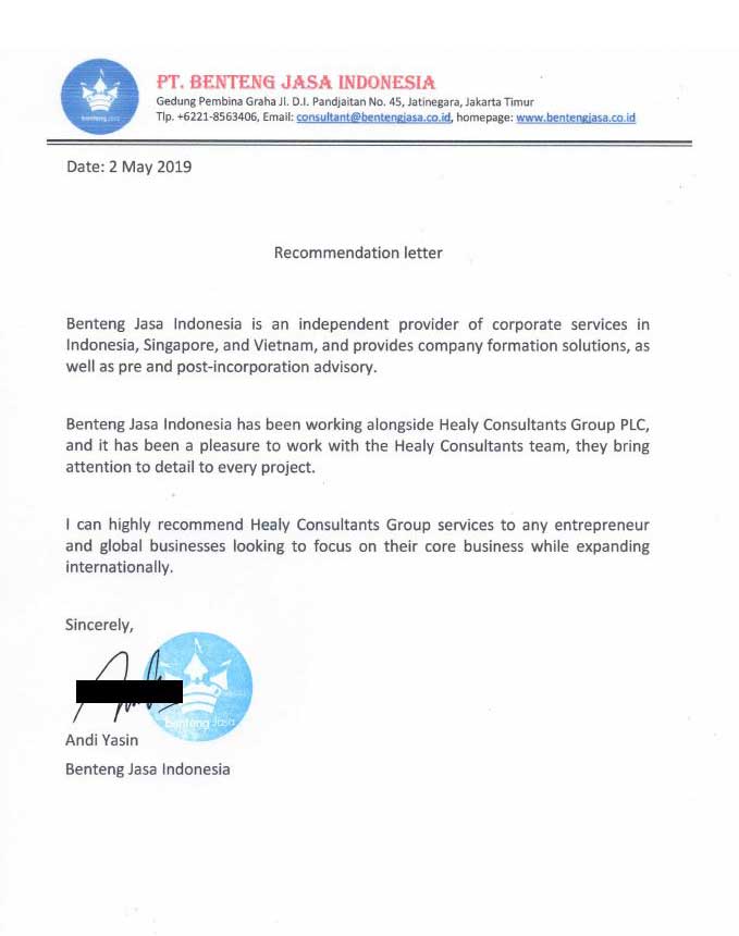 reference letter from PT Benteng Jasa Indonesia