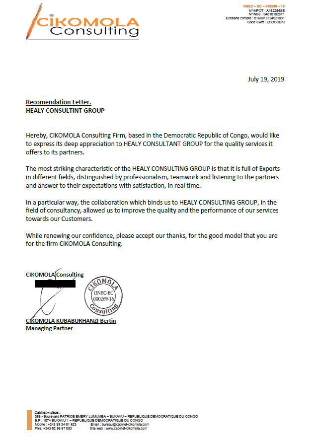 reference letter from Cikomola Consulting