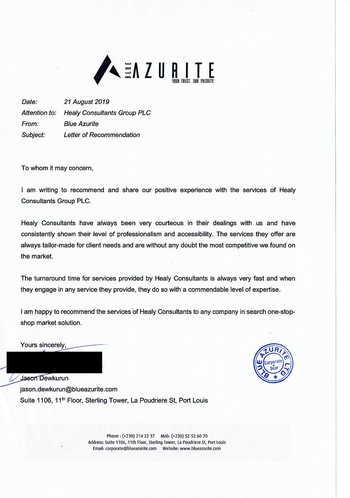 reference letter from Blue AZURITE