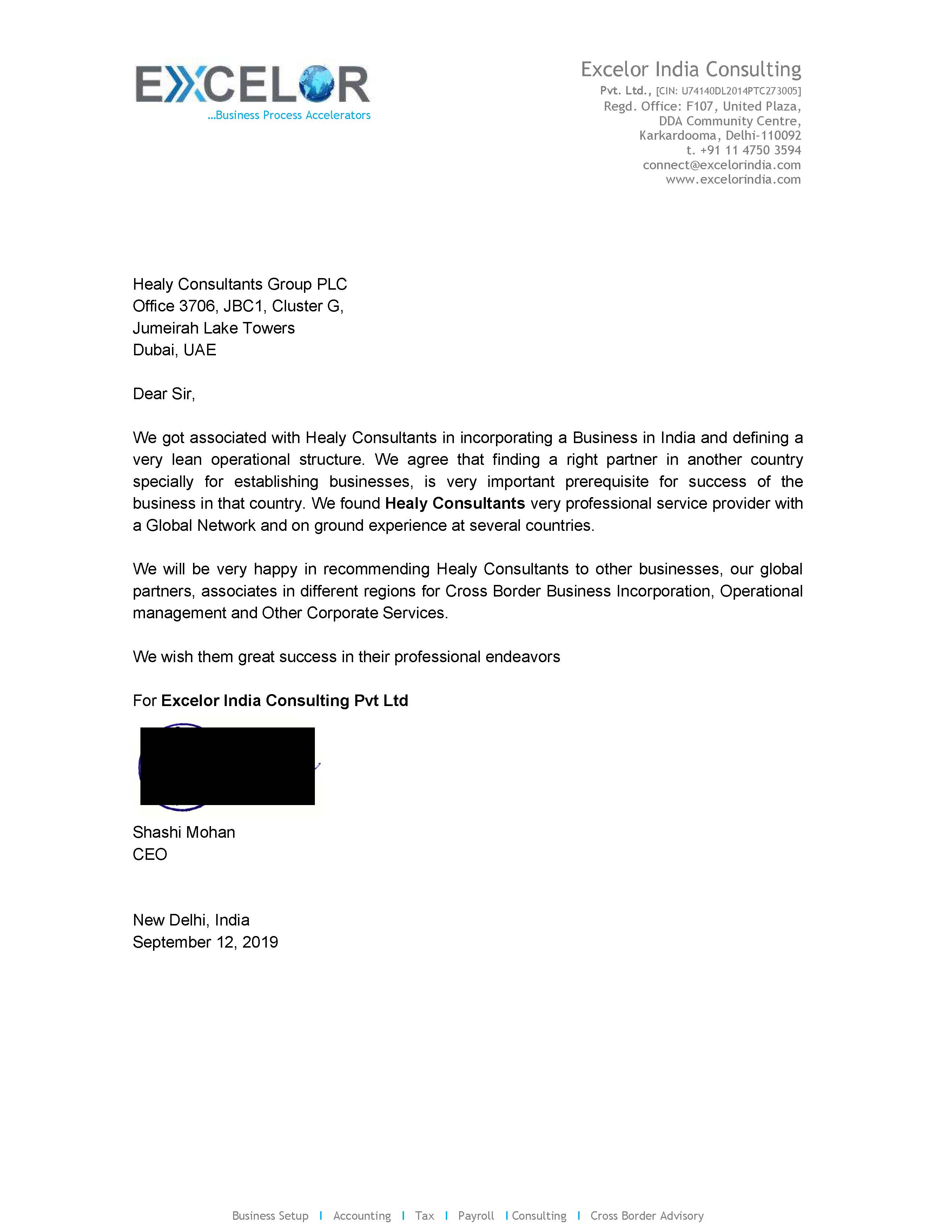 reference letter from Excelor India Consulting Pvt Ltd