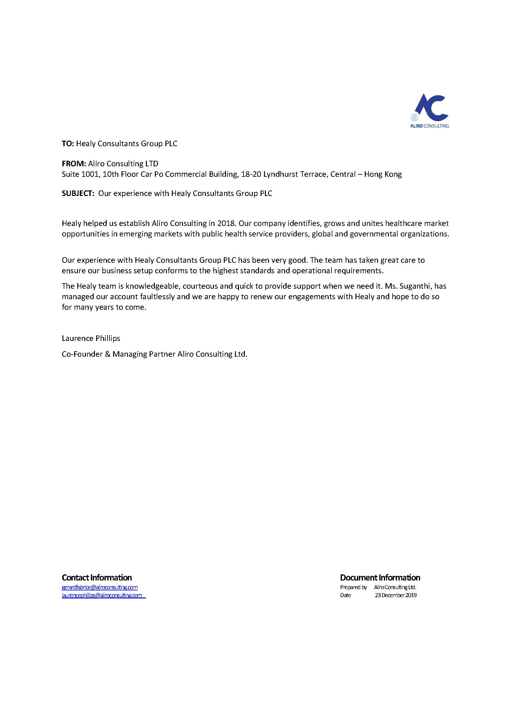 reference letter from Aliro Consulting LTD