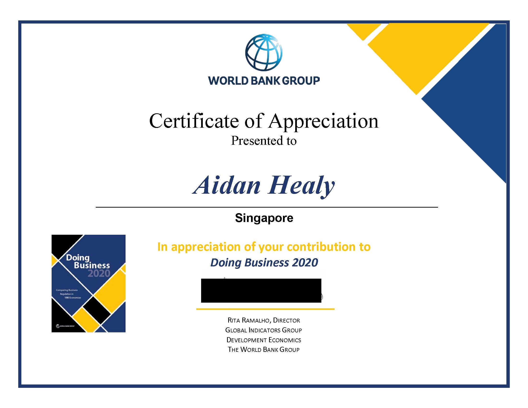 certificate for aidan from World Bank