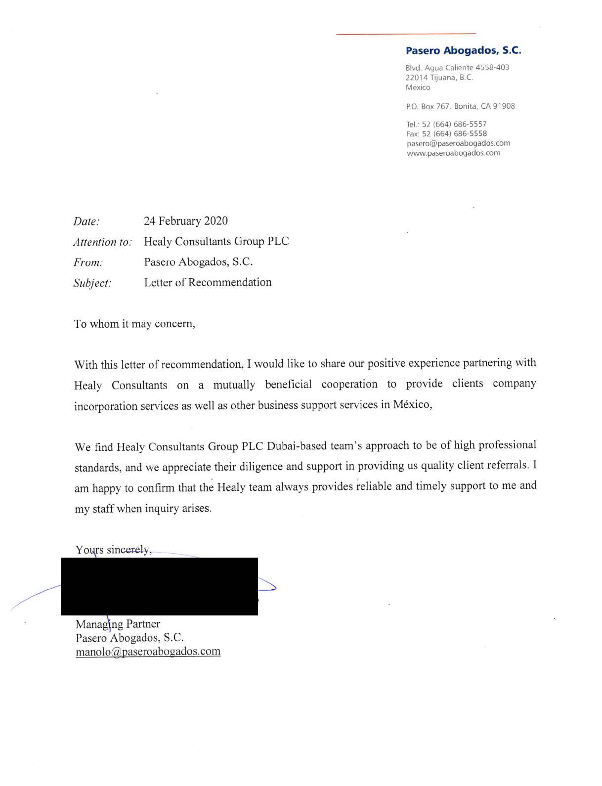 reference letter from Pasero-Abogados