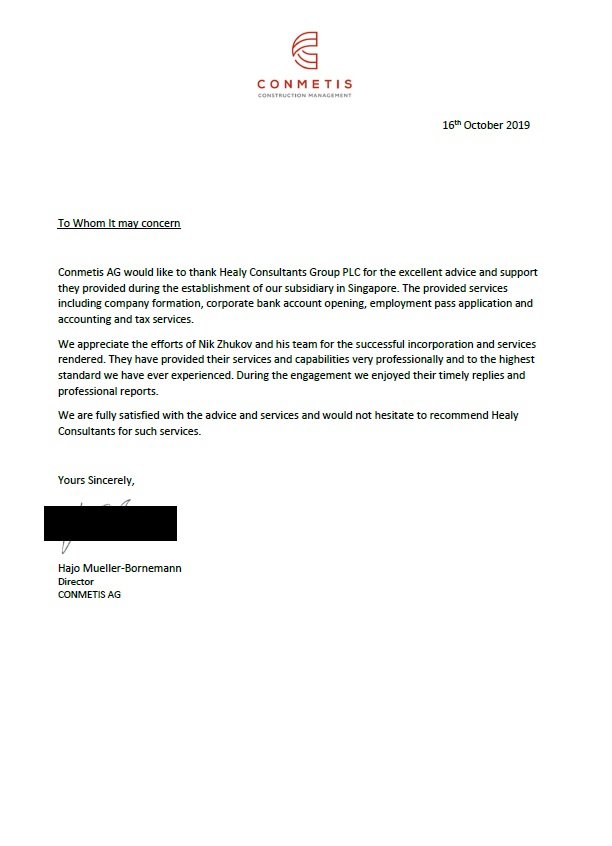 reference letter from Conmetis Singapore