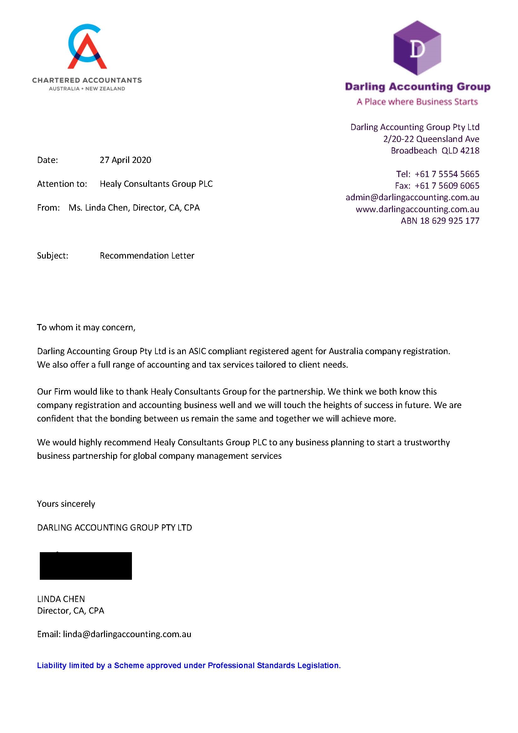 reference letter from Darling Accounting Group Pty Ltd