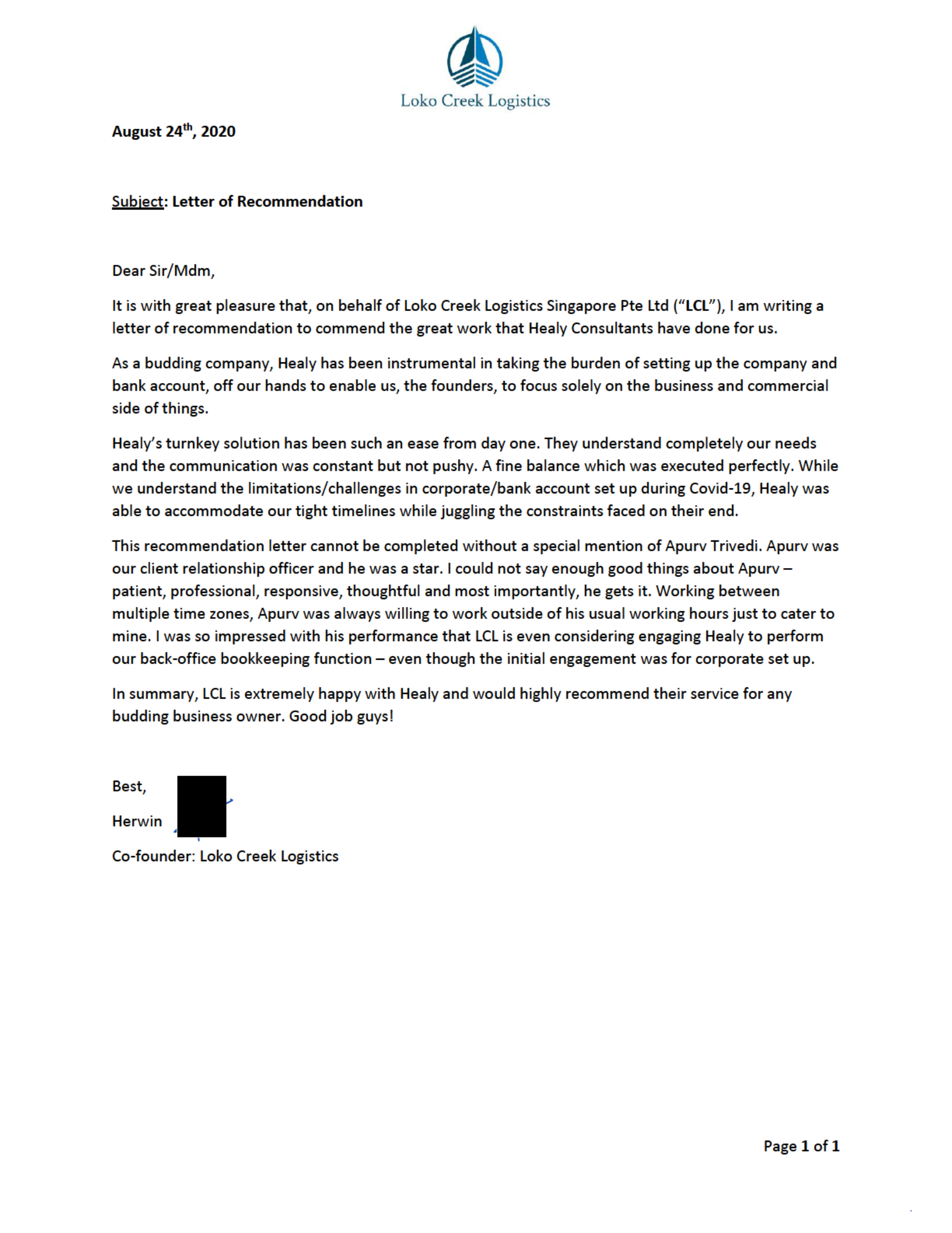 reference letter from Loko Creek Logistics