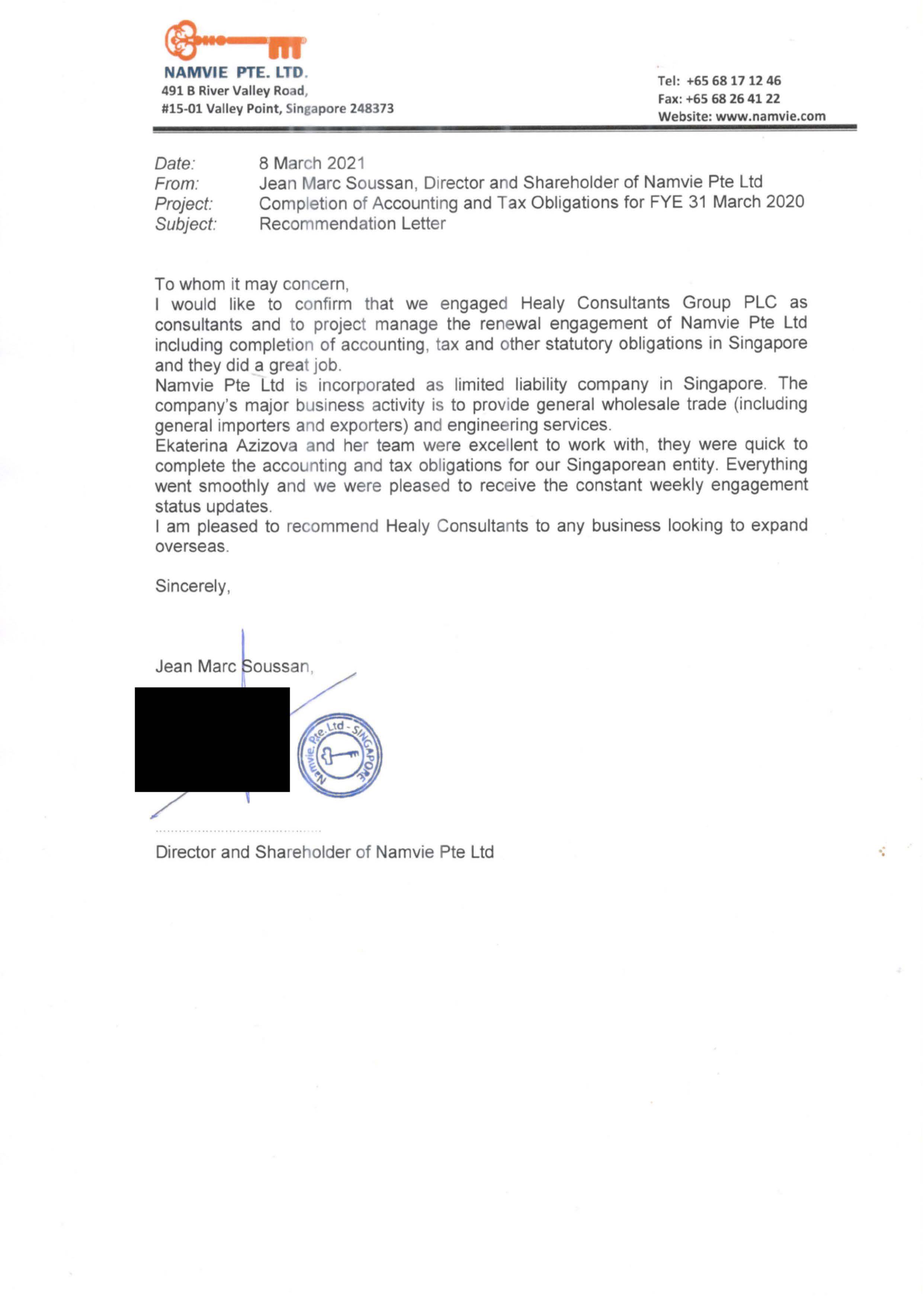 reference letter from Namvie Pte Ltd