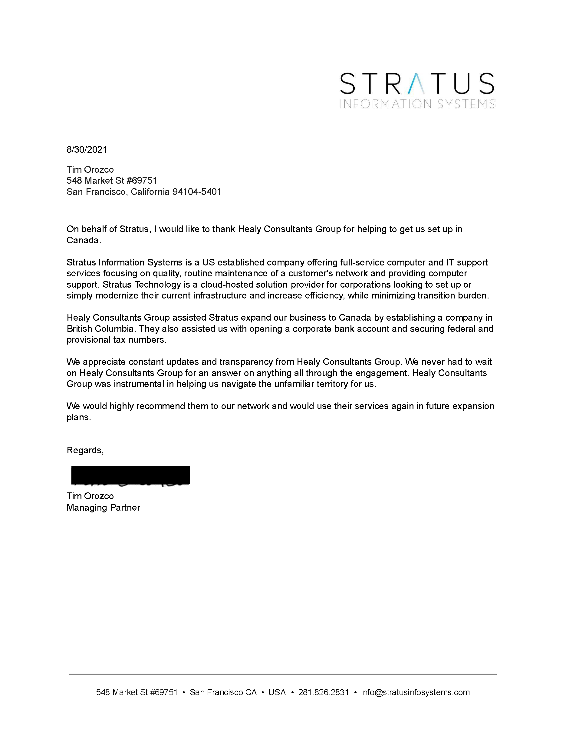 reference letter from Stratus Information Systems