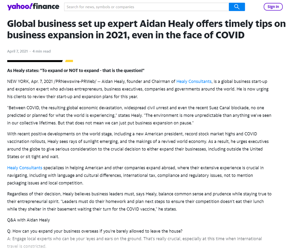 Global business set up expert Aidan Healy of Healy Consultants offers timely tips on business expansion in 2021, even in the face of COVID